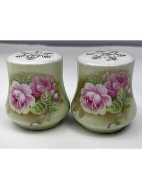 Vintage Lefton Heritage Green Rose Pattern Porcelain Salt & Pepper Shakers